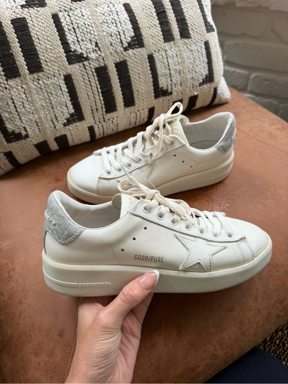 Golden Goose Pure Star White Leather Low-Top Sneakers with Silver Heel Tab - 8